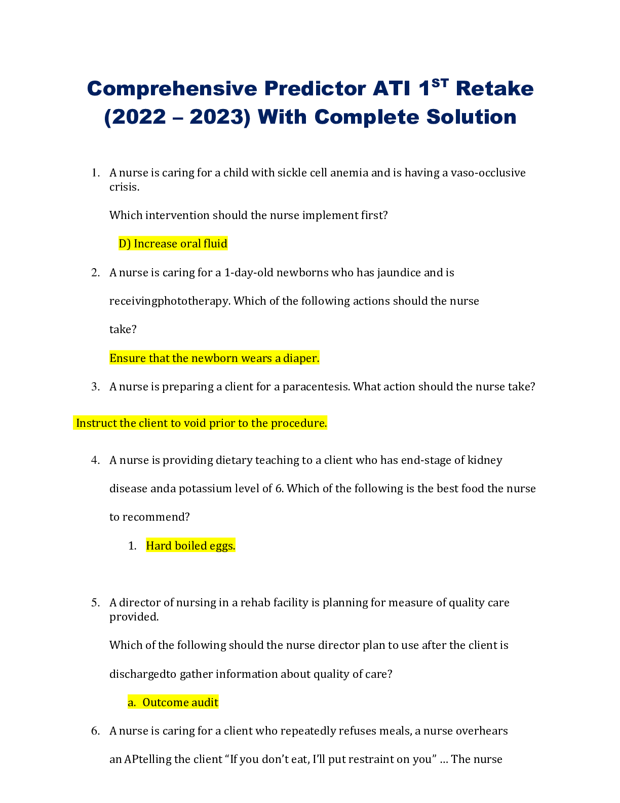 Preview image for Comprehensive Predictor ATI 1ST Retake (2022 – 2023) With Complete Solution
